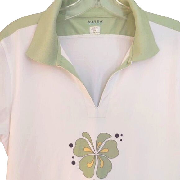 AUREA Dri-Max | White and Green Golf Shirt Hibiscus Flower | Women's Large - Picture 2 of 10